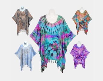 Funky Tie Dyed Poncho Top with Fringe, Light Weight Rayon