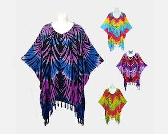 Radial Tie Dyed Poncho Top with Fringe, Light Weight Rayon