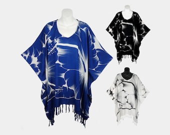 Big Hibiscus Floral Poncho Top with Fringe, Light Weight Rayon