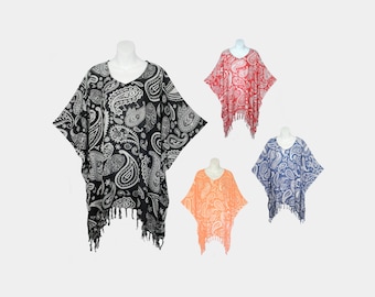 Paisley Print Poncho Top with Fringe, Light Weight Rayon