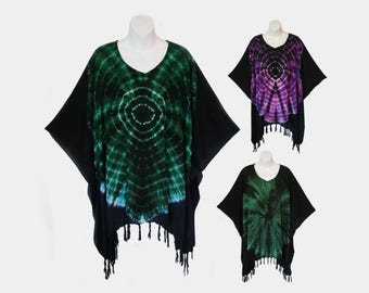 Web Tie Dyed Poncho Top with Fringe, Light Weight Rayon