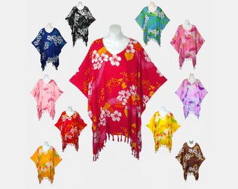Hawaii Floral Poncho Top with Fringe, Light Weight Rayon