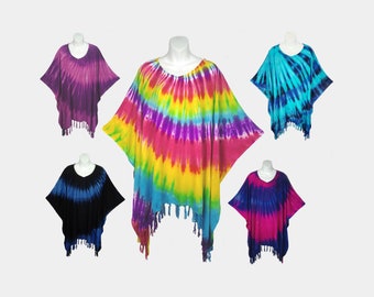 Big Spiral  Tie Dyed Poncho Top with Fringe