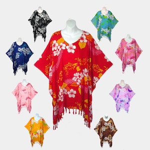 Hawaii Floral Poncho Top with Fringe, Light Weight Rayon