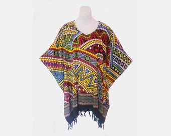 Sixties Print Poncho Top with Fringe, Light Weight Rayon