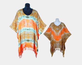 Earthy Tie Dyed Poncho Top with Fringe, Light Weight Rayon