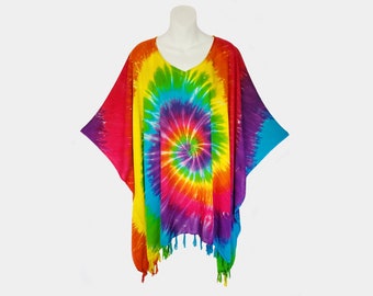 Rainbow Spiral Tie-Dye Poncho Top with Fringe, Beach Cover-Up, Light Weight Rayon