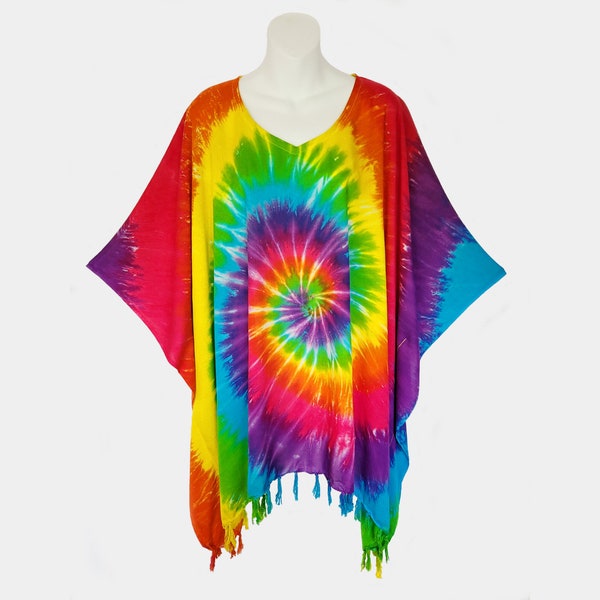 Rainbow Spiral Tie-Dye Poncho Top with Fringe, Beach Cover-Up, Light Weight Rayon