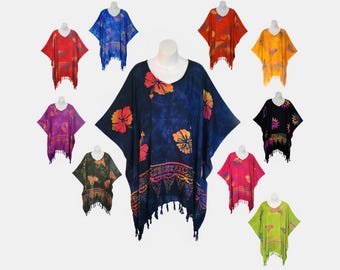 Batik Poncho Top - Beach Cover-Up with Fringe