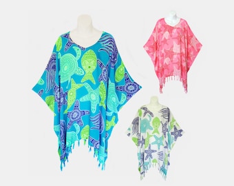 Sea Life Poncho Top with Fringe, Light Weight Rayon