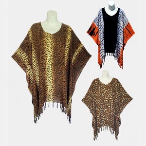 Wildlife Print or Tie-Dye Poncho Top with Fringe, Light Weight Rayon