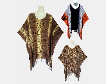 Wildlife Print or Tie-Dye Poncho Top with Fringe, Light Weight Rayon