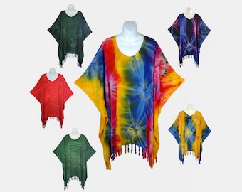 Star-Burst Tie Dyed Poncho Top with Fringe, Light Weight Rayon