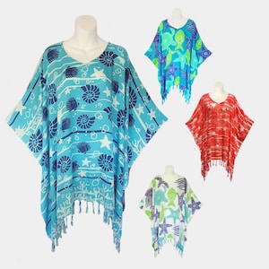 Sea Life Poncho Top with Fringe, Light Weight Rayon