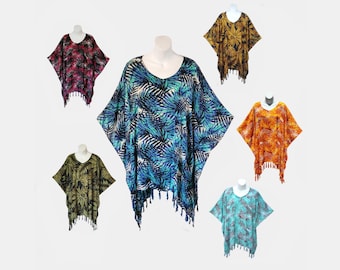 Tropical Leaf Print Poncho Top with Fringe, Small to Plus Size