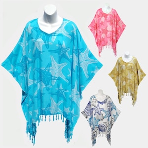 Starfish Poncho Top with Fringe, Light Weight Rayon