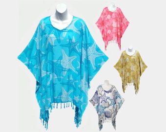 Starfish Poncho Top with Fringe, Light Weight Rayon