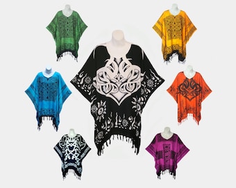 Celtic Print Poncho Top with Fringe, Light Weight Rayon