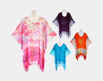 Tie Dyed Poncho Top with Hand-painted Flowers and Fringe
