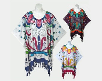 Curlique Print Poncho Top with Fringe, Light Weight Rayon