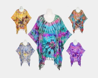 Funky Tie Dyed Poncho Top with Fringe, Light Weight Rayon