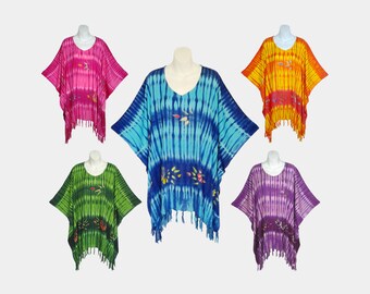 Striped Tie Dyed Poncho Top with Handpainted Flowers and Fringe, Light Weight Rayon