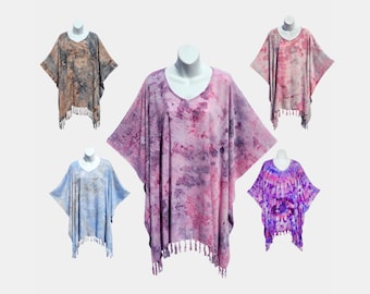 Funky Tie Dyed Poncho Top with Fringe, Light Weight Rayon