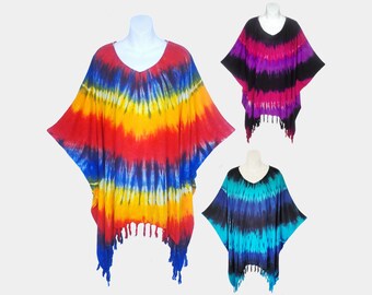 Concentric Circles Tie Dyed Poncho Top with Fringe, Light Weight Rayon