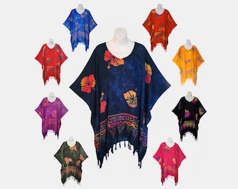 Batik Poncho Top - Beach Cover-Up with Fringe