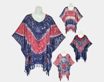 Red, White and Blue Tie Dyed Poncho Top with Fringe, Light Weight Rayon