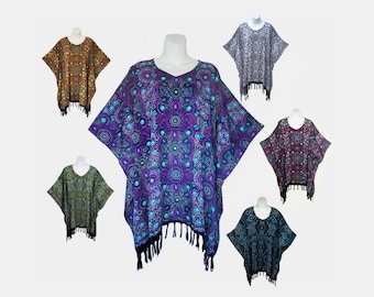 Seventies Print Poncho Top with Fringe, Light Weight Rayon
