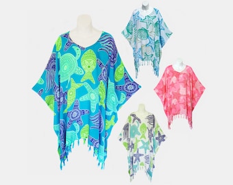 Sea Life Poncho Top with Fringe, Light Weight Rayon