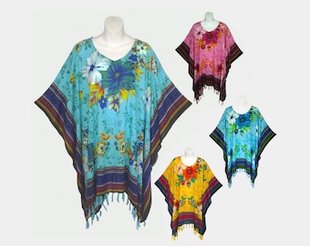 Fancy Floral Poncho Top with Border and Fringe, Light Weight Rayon
