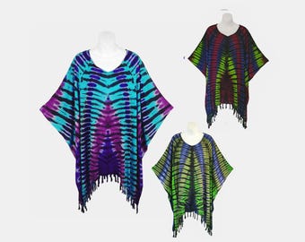 Karma Striped Tie Dyed Poncho Top with Fringe, Light Weight Rayon
