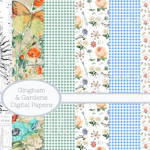 Gingham and Gardens Digital Papers Floreale Bianco e Nero a Scacchi Stampabile