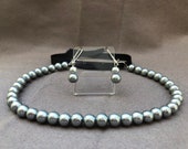 Grey Glass Pearl 18th Century Reproduction Necklace and Earrings Set