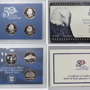 May include: A 1999 United States Mint 50 State Quarters Proof Set. The set includes six quarters in a clear plastic case and a box with an eagle illustration. The set also includes a certificate of authenticity.