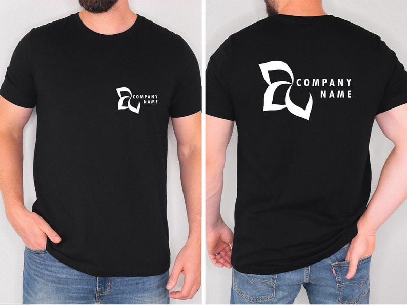 a man wearing a black t - shirt with a company name on it