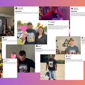 The image is a collage of various photos featuring people wearing T-shirts with a specific design. The photos include people posing, interacting with others, and some are in different settings. The overall theme appears to be related to the T-shirt design and the people wearing them.
