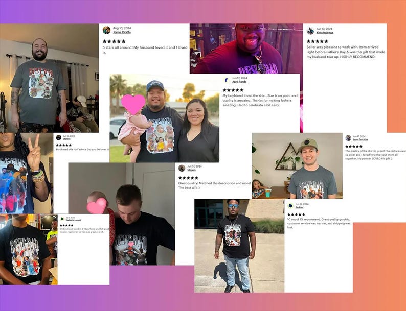 The image is a collage of various photos featuring people wearing T-shirts with a specific design. The photos include people posing, interacting with others, and some are in different settings. The overall theme appears to be related to the T-shirt design and the people wearing them.