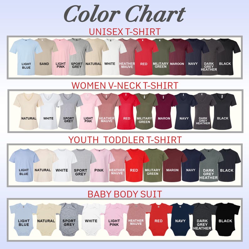 a color chart with various t-shirt colors and corresponding women's v-neck t-shirt colors.