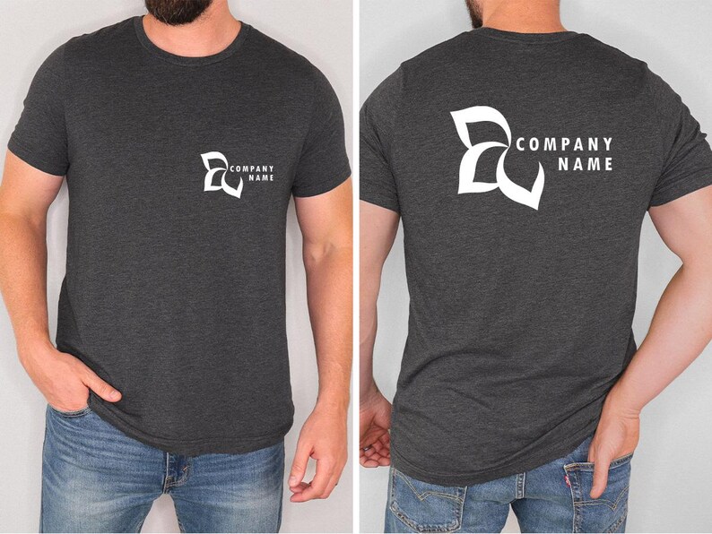 a man wearing a t - shirt with a company name on it