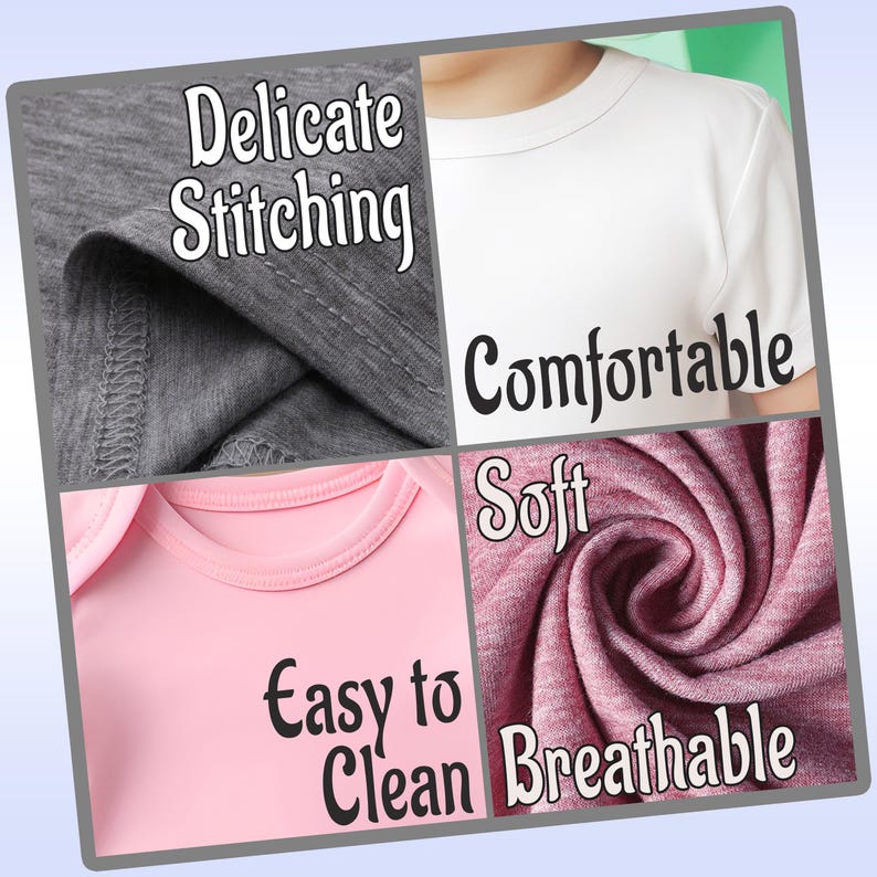 The image is a collage of four images, each highlighting different aspects of a shirt, such as delicate stitching, comfortable, soft, and breathable.