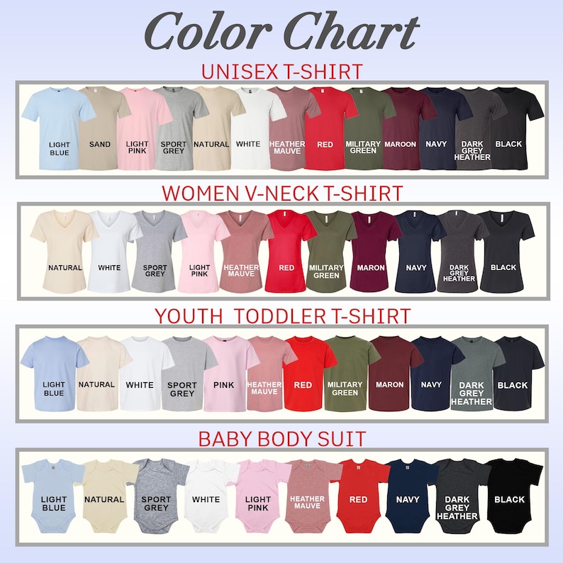 a color chart with various t-shirt colors and corresponding women's v-neck t-shirt colors.