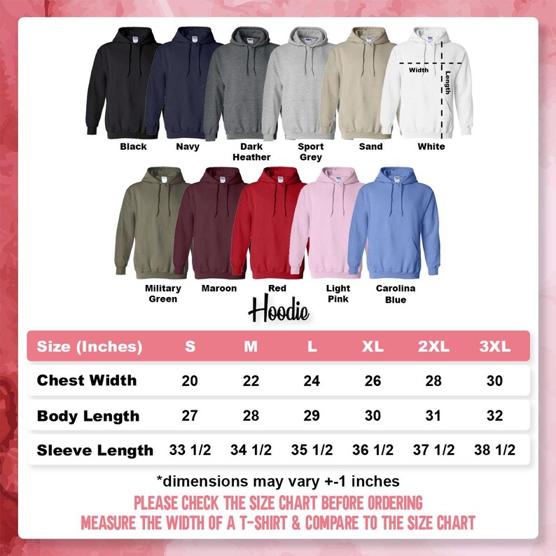 a women's hoodie size chart with measurements