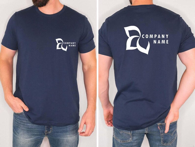a man wearing a t - shirt with a company name on it