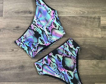 The One Shoulder Bikini With High Waisted Brazillian Bottoms In Multicoloured Neon Snake Print. Handmade to order