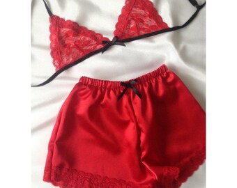 Red and black satin and lace pyjama set