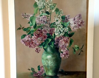 Vintage oil painting. Still life with vase and flowers. 20th century Mid Century Modern. Stunning shades of pink, green, brown & cream.