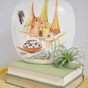 Vintage Southwest Pottery, Hand Painted Vase,Desert Scene, Janet Haefner, Boho Bohemian  (PG69)
